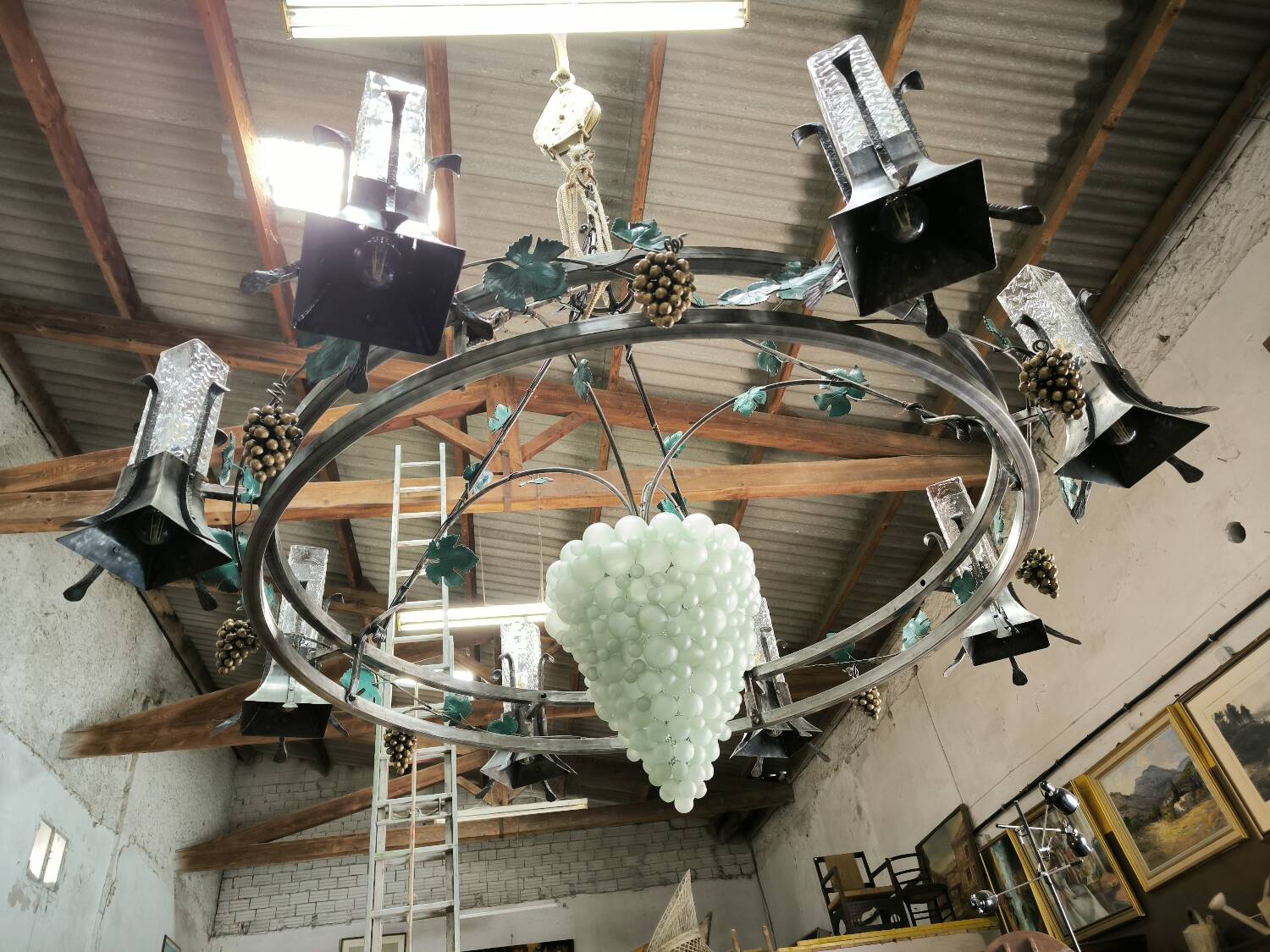 Large, heavy wrought iron and glass chandelier, circa 1980/90