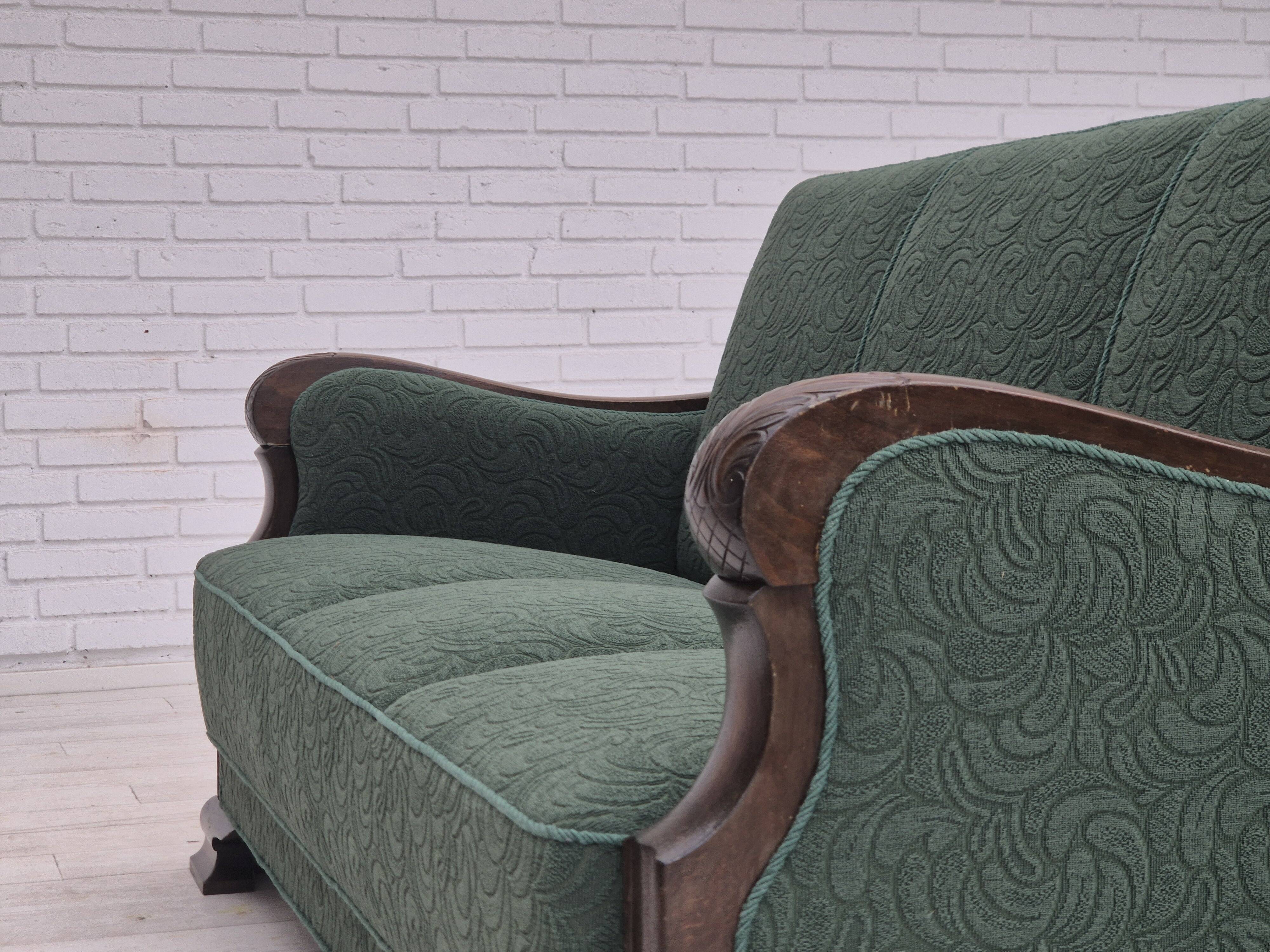 1950s, 3-seater sofa, green furniture blend wool, beech wood.