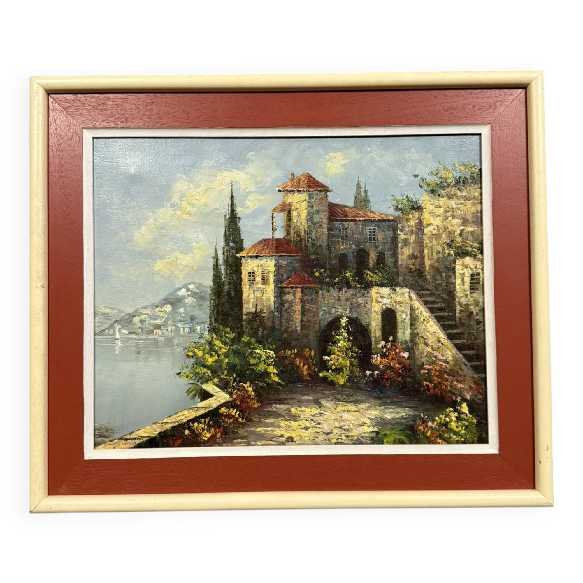 Italian School: painting of a castle on the edge of a lake
