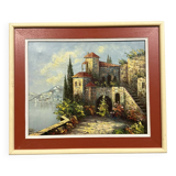 Italian School: painting of a castle on the edge of a lake