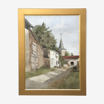 Tableau Aquarelle 1887 : entrée de village à "Damvillers" signée Albert Julien