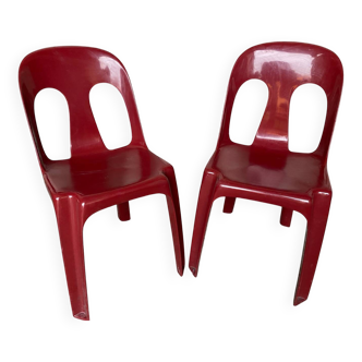 Pair of antique chairs stamp design henri massonnet red plastic 80's