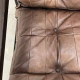 Living room sofa and brutalist armchairs in leather and wood, 70s, chalet style