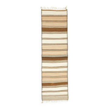 Vintage Turkish Oushak Handmade Cotton Beige Wool Kilim Runner Rug 77x277