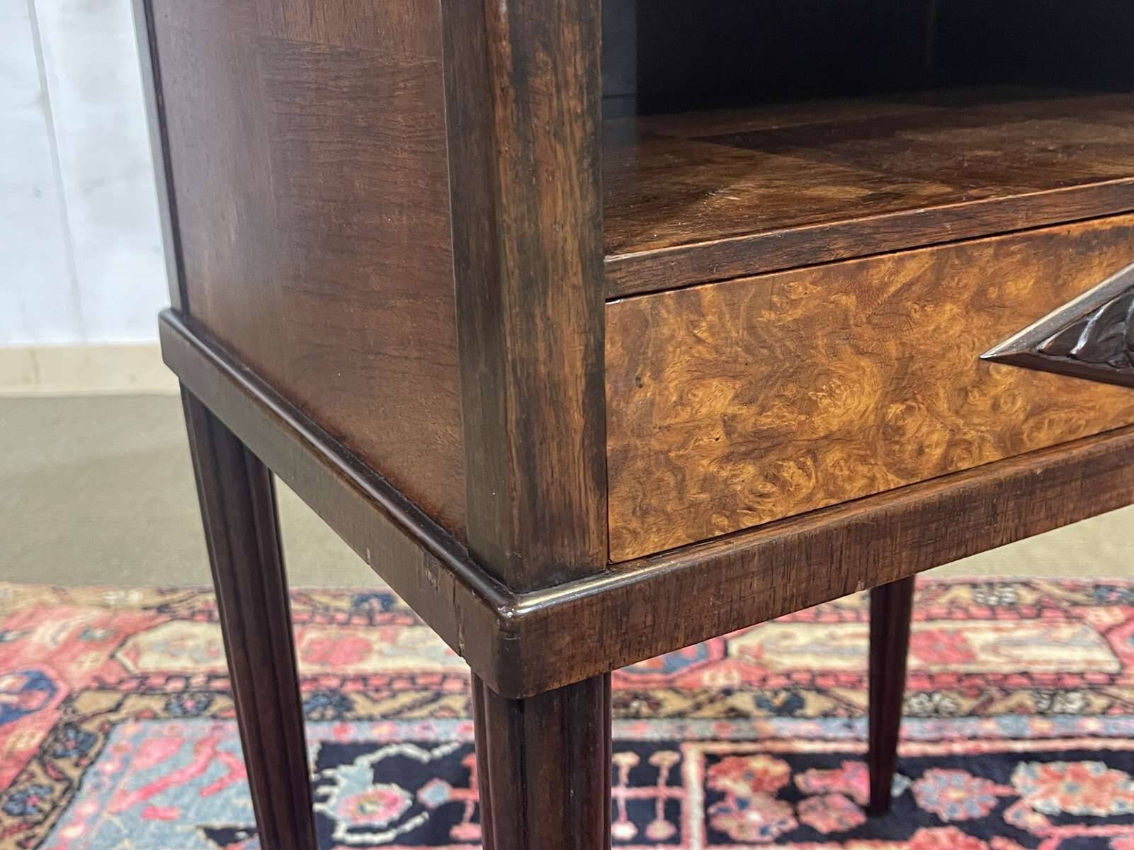 Art Deco bedside table in rosewood, walnut burl, and marble top.