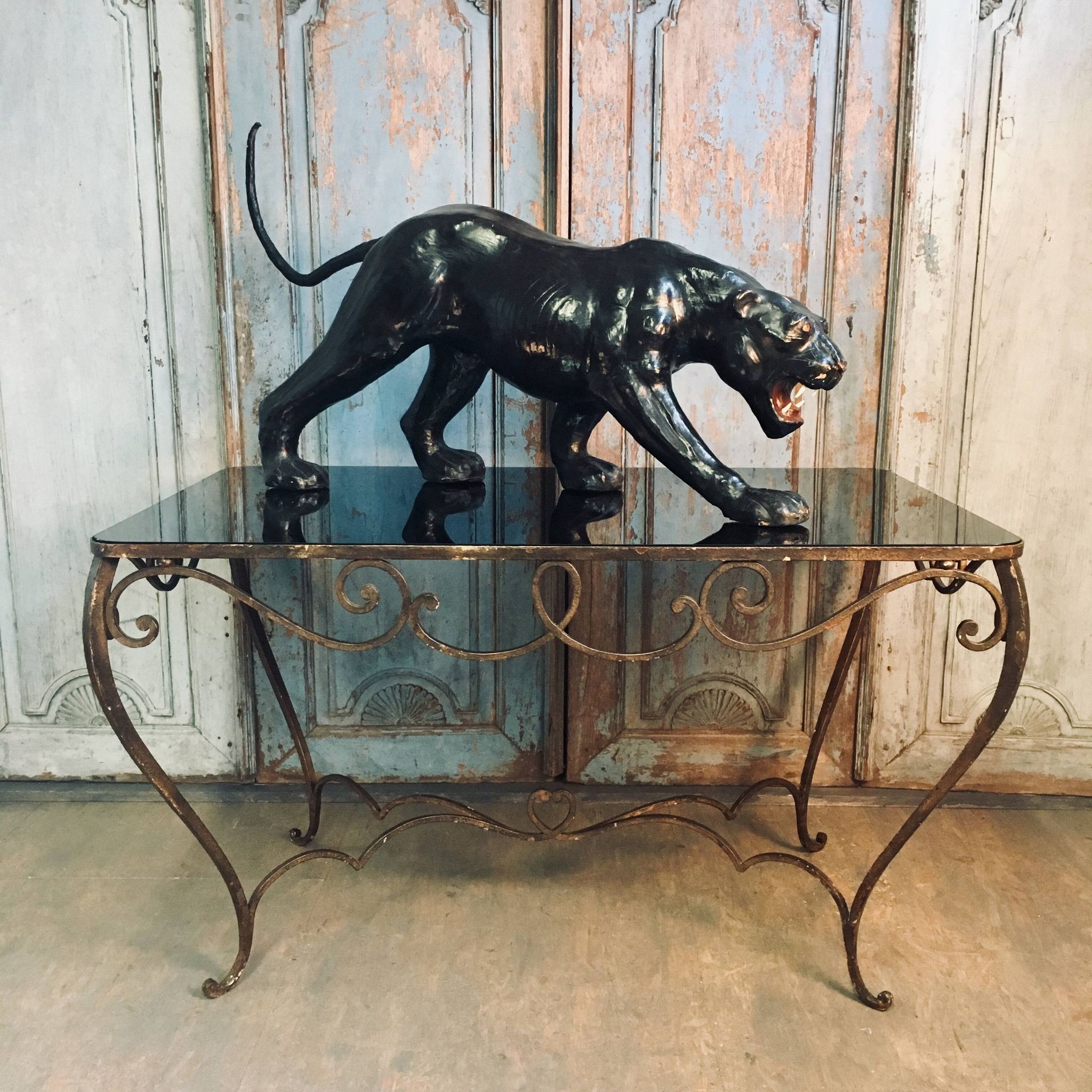 Table à manger Art Déco en fer forgé avec verre noir, années 1930