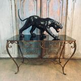 French Art Deco Wrought Iron Dining Table with Black Colored Glass, 1930s