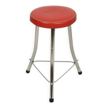 1950s Brabantia Stool Red Faux Leather and Chrome