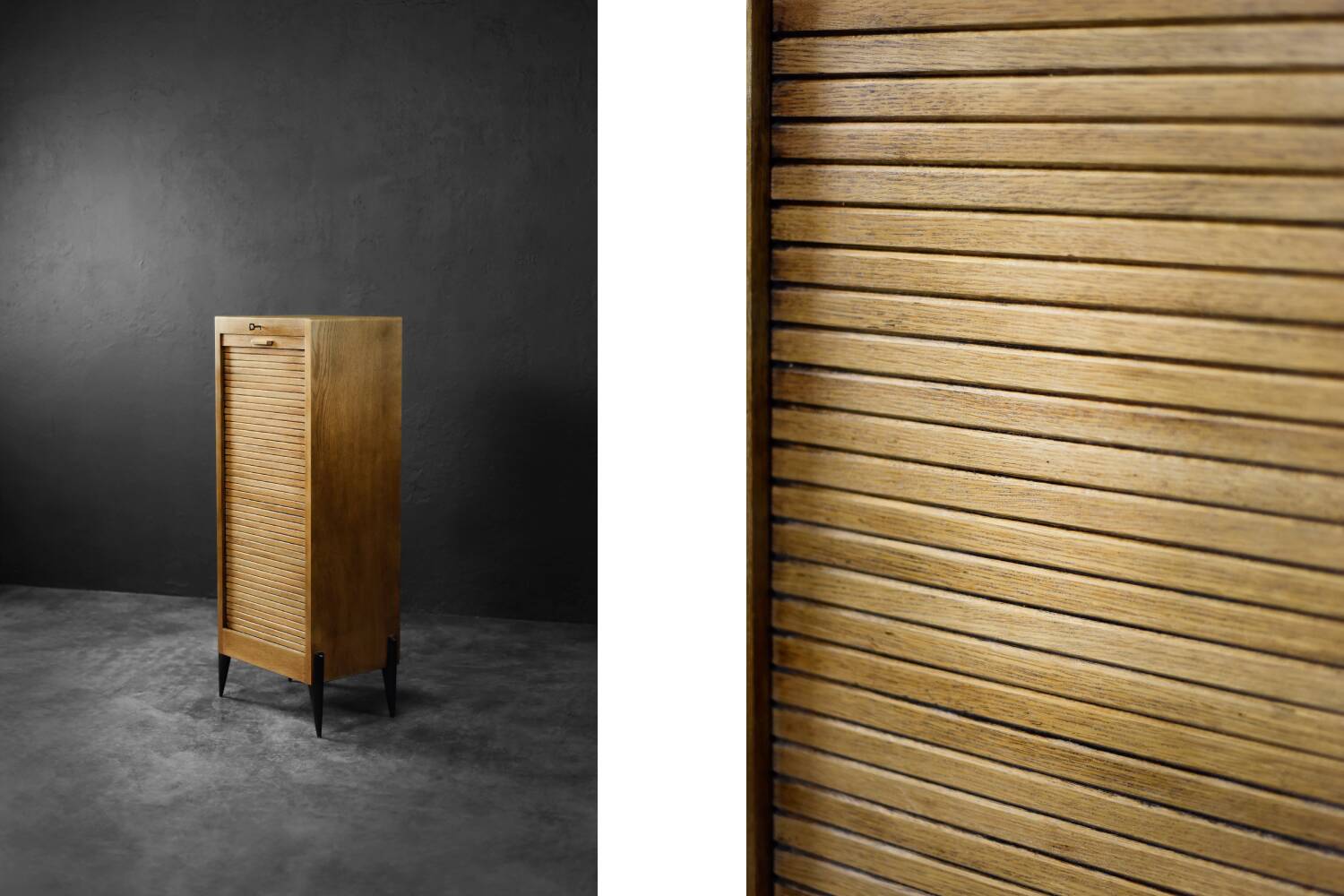 Vintage Industrial Danish Roller Shutter Brown Oak Cabinet with Drawers