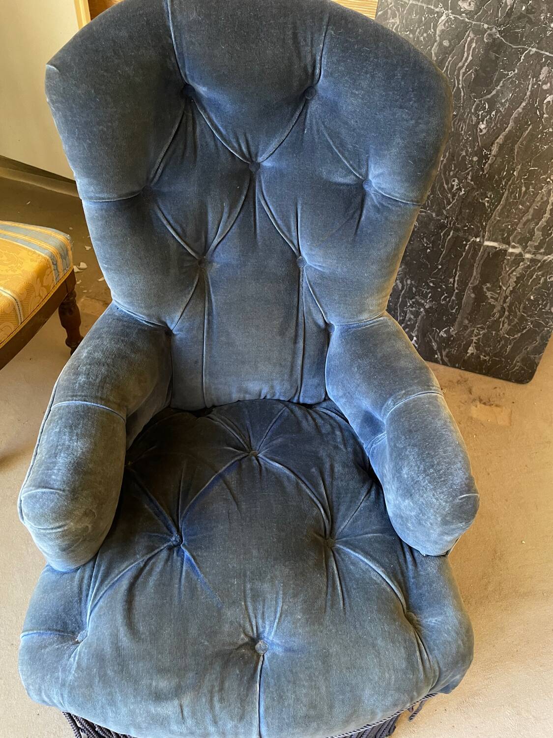 Fauteuil capitonné en velours bleu
