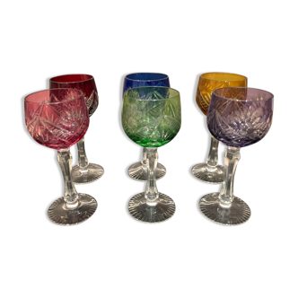 Set of 6 colour-cut crystal wine glasses