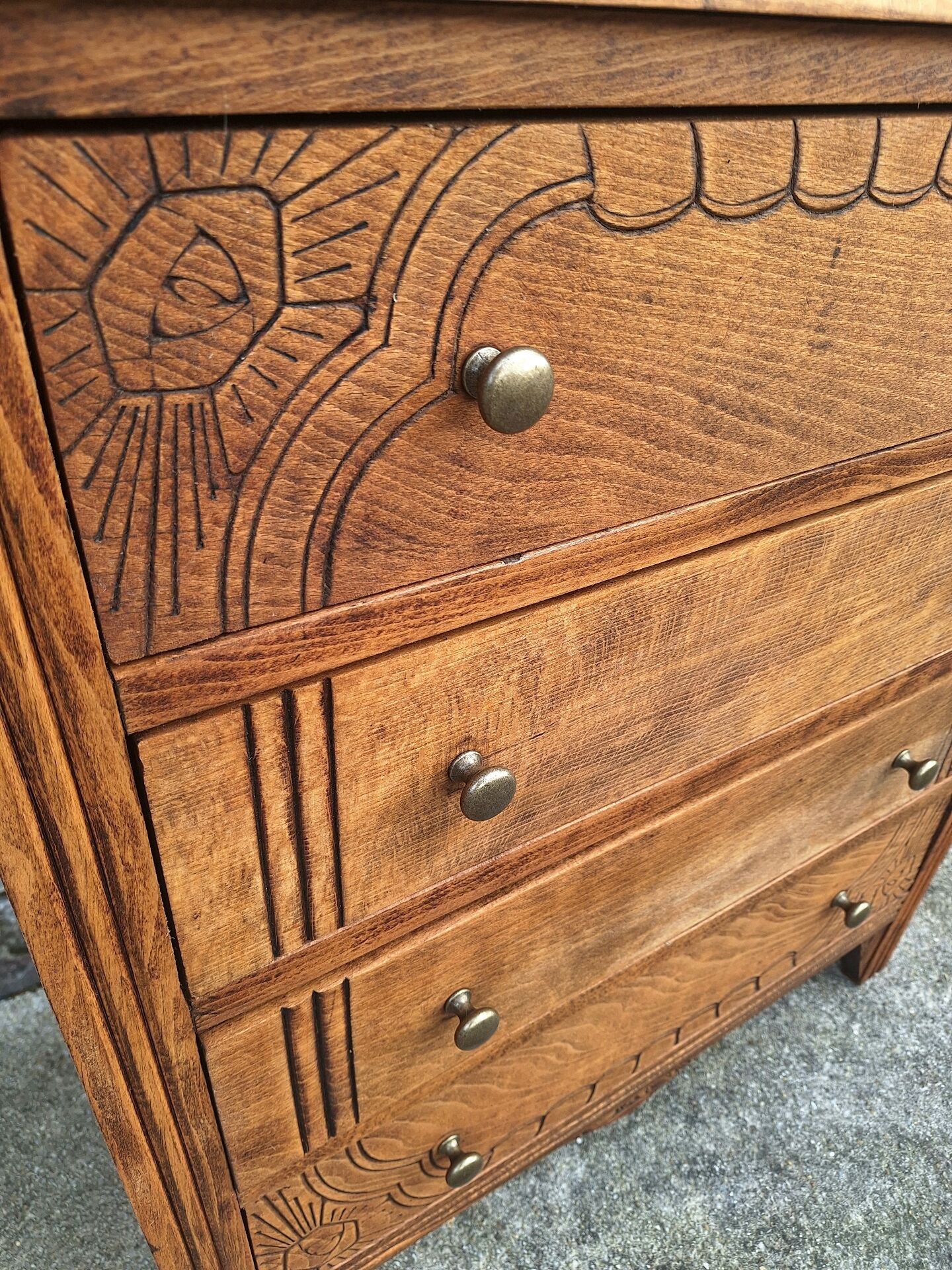 Art Deco commode with wooden top, vintage antique furniture.