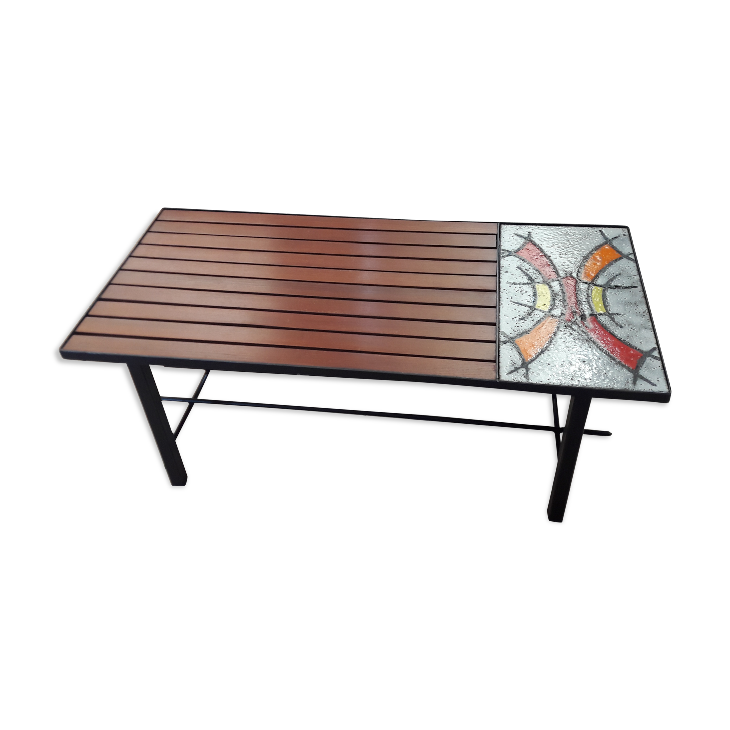 Coffee table tray teak ceramic signed MJR 60s