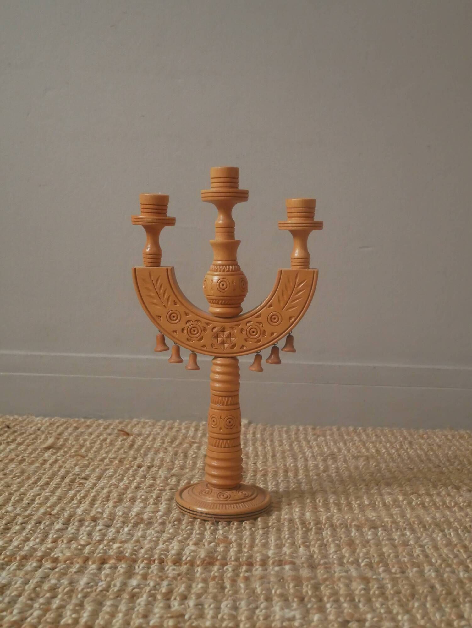 Candlestick candle holder candelabra old carved wood handcrafted Scandinavian folk decoration