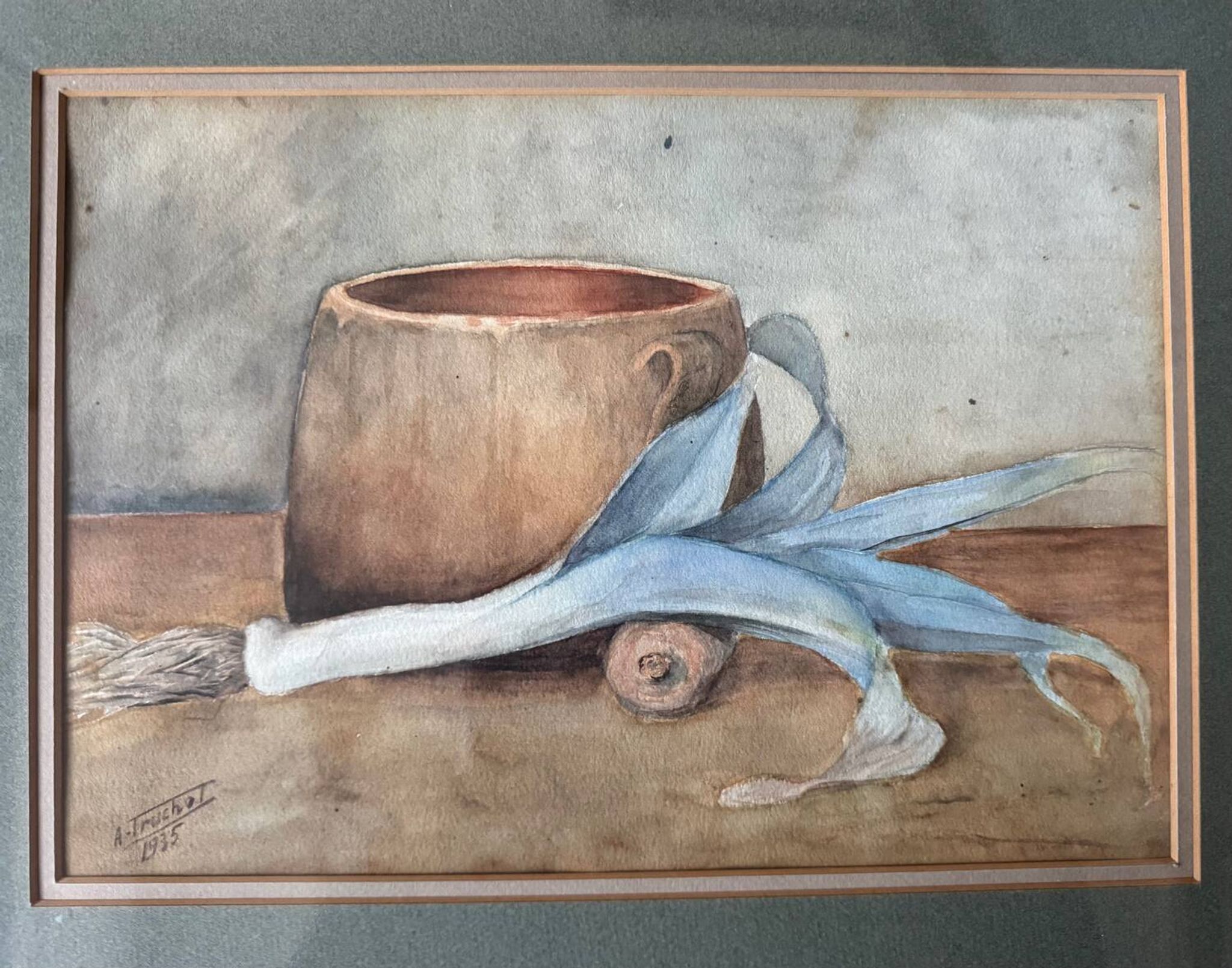 Aquarelle nature morte poireau ancienne 