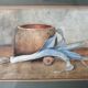 Aquarelle nature morte poireau ancienne 