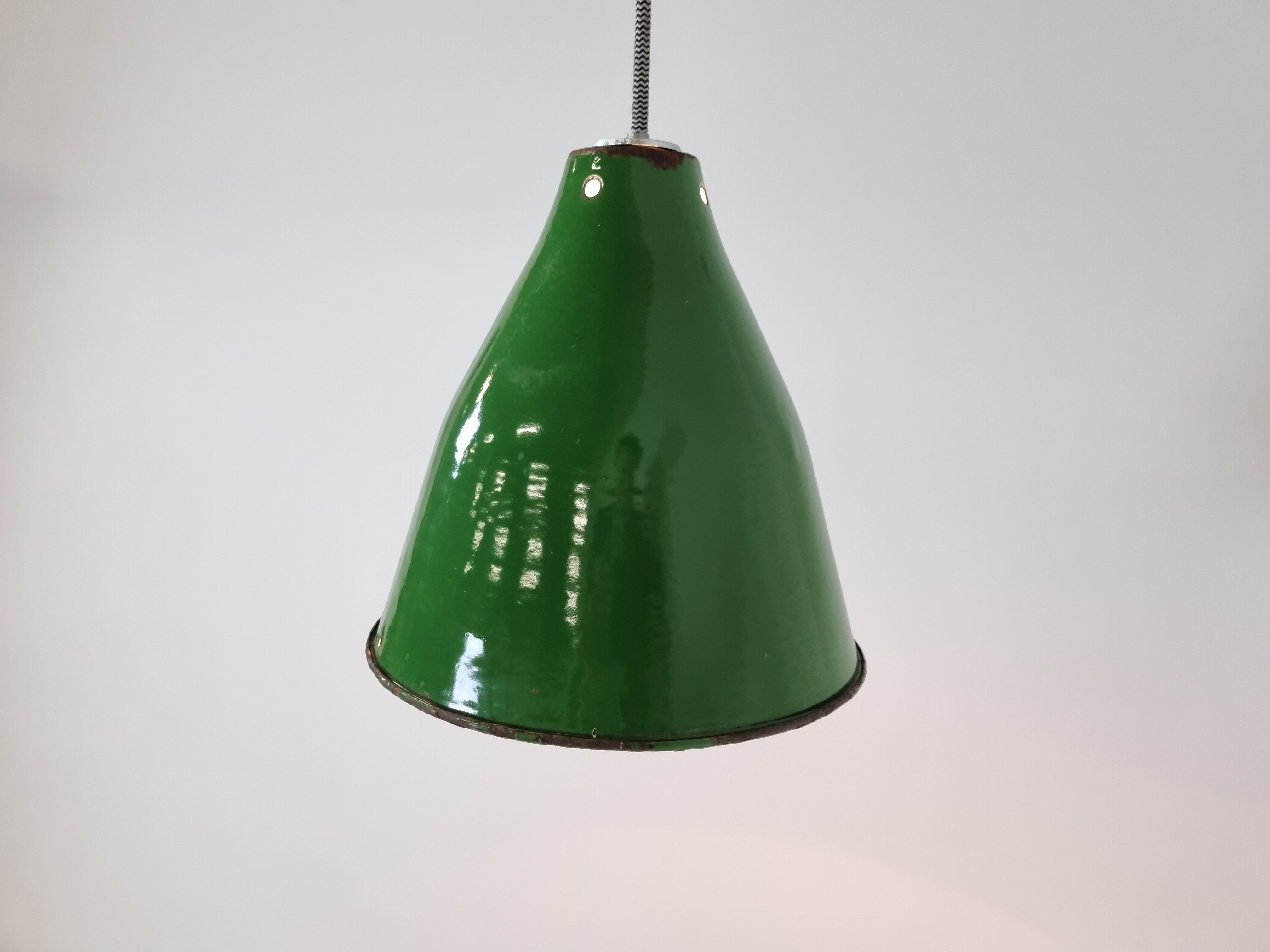 Small vintage industrial green enamel pendant lights, 1960s