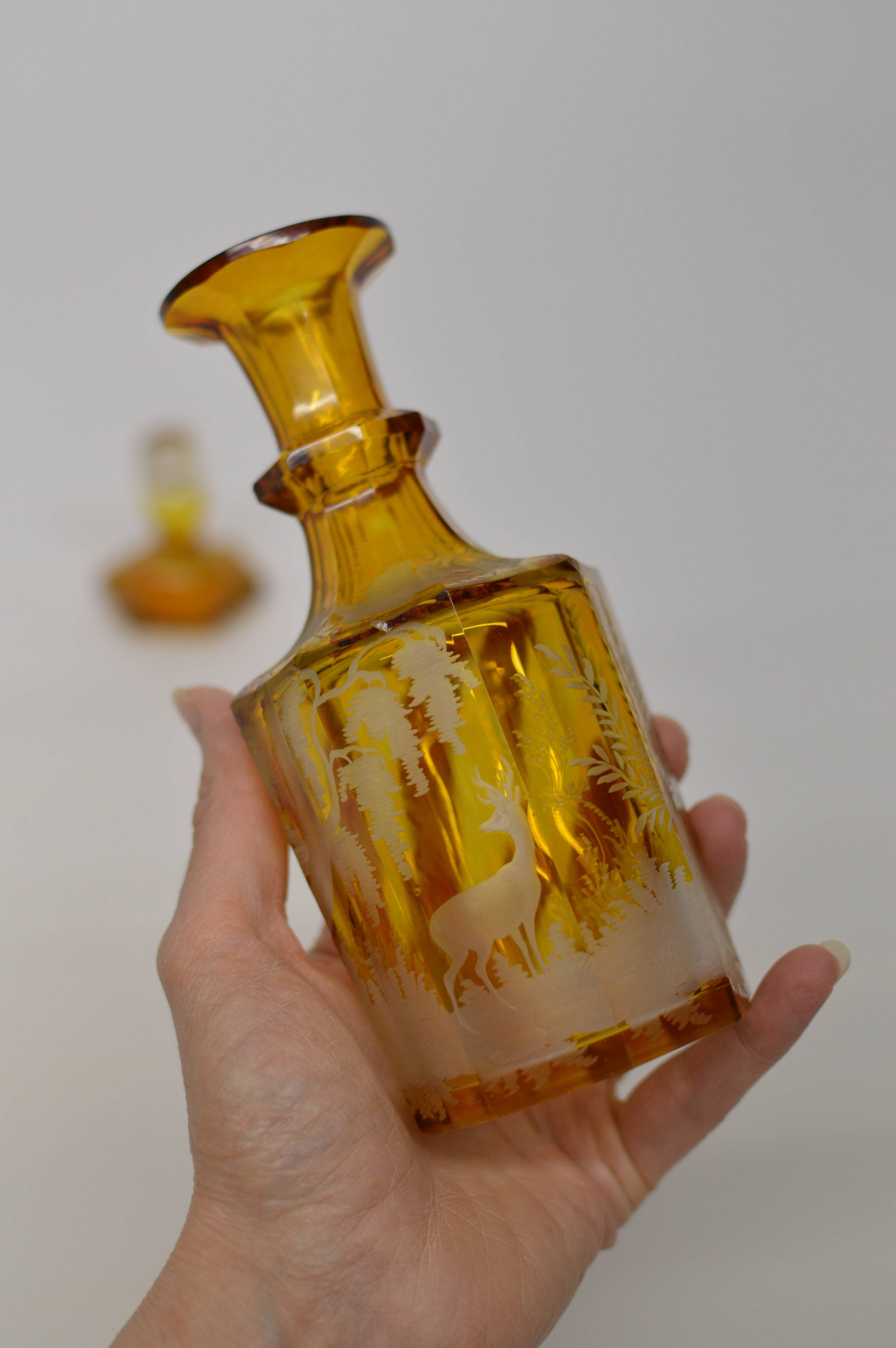 Bohemian glass carafe engraved amber colour