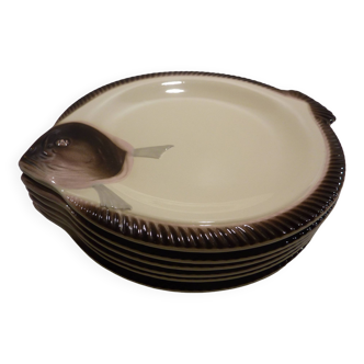 6 hand-decorated Longwy fish plates