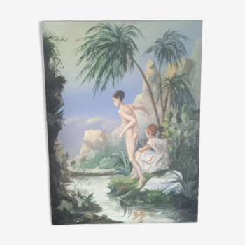 Huile sur toile Les baigneurs au bord de la rivière tropical école Française XX siècle