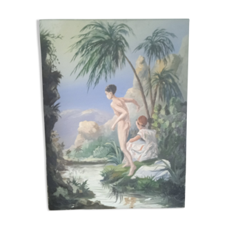 Huile sur toile Les baigneurs au bord de la rivière tropical école Française XX siècle