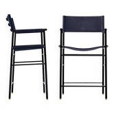 Tabourets de bar avec dossier en cuir bleu marine et caoutchouc métallisénoir