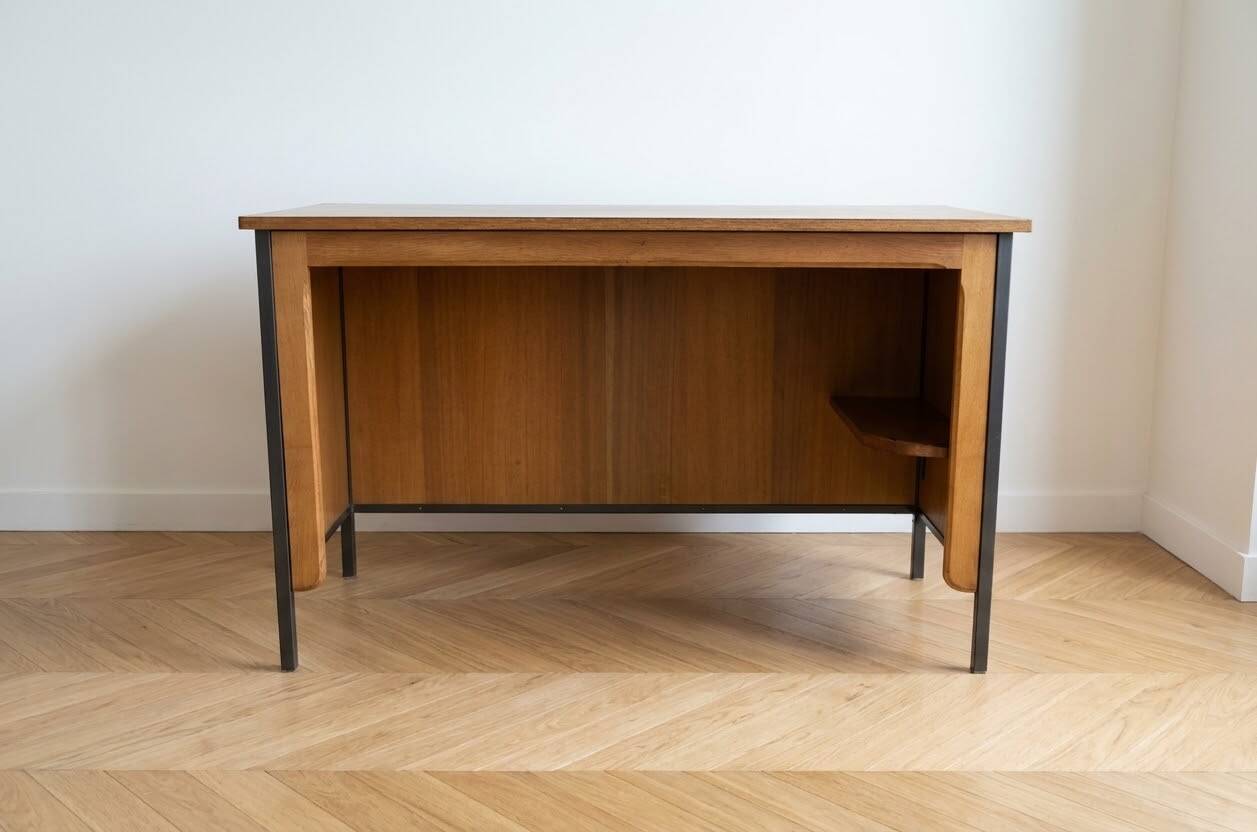 Vintage style desk by Jean Prouvé in oak and black metal.