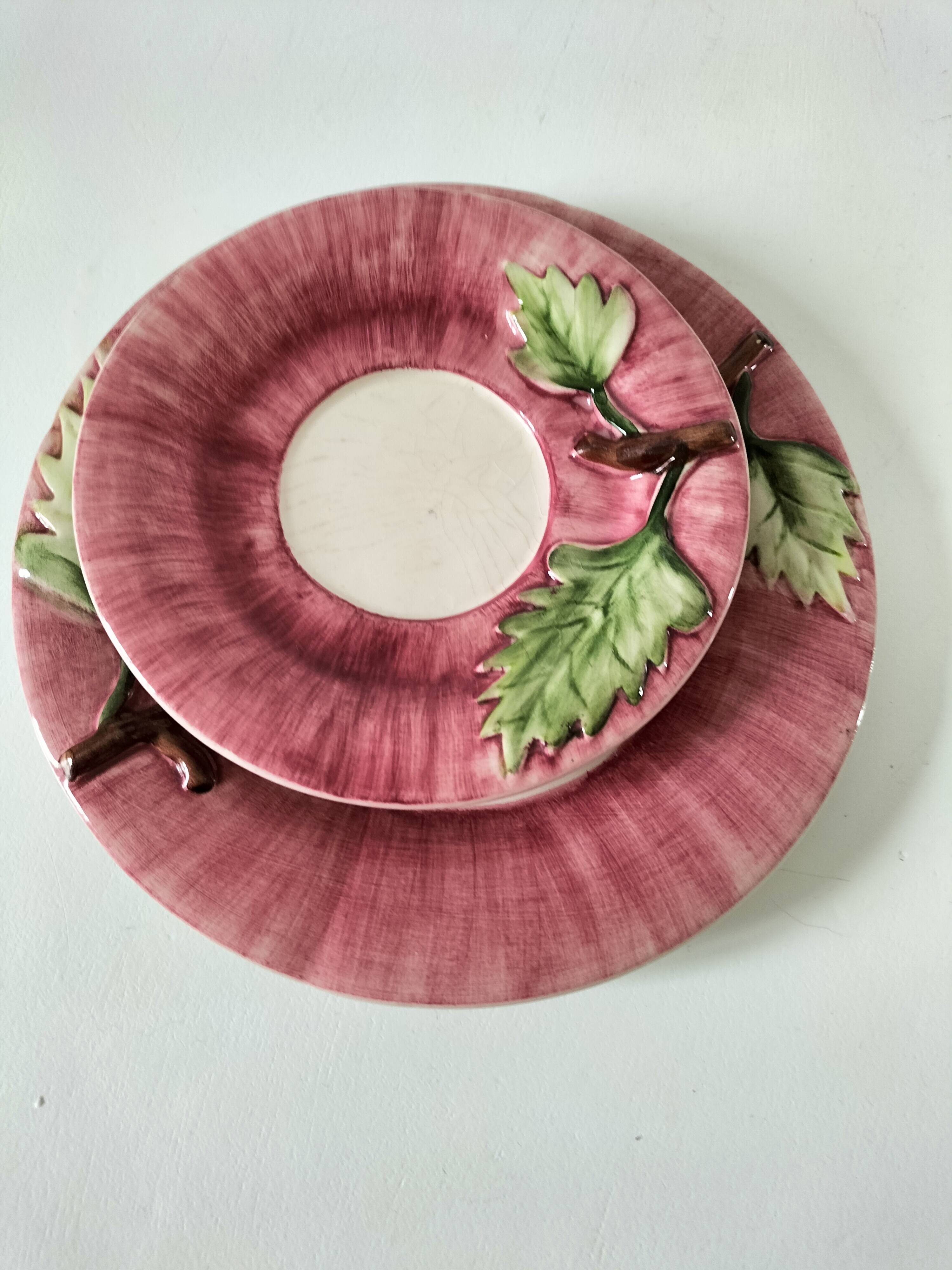 Two vintage leaf barbotine plates