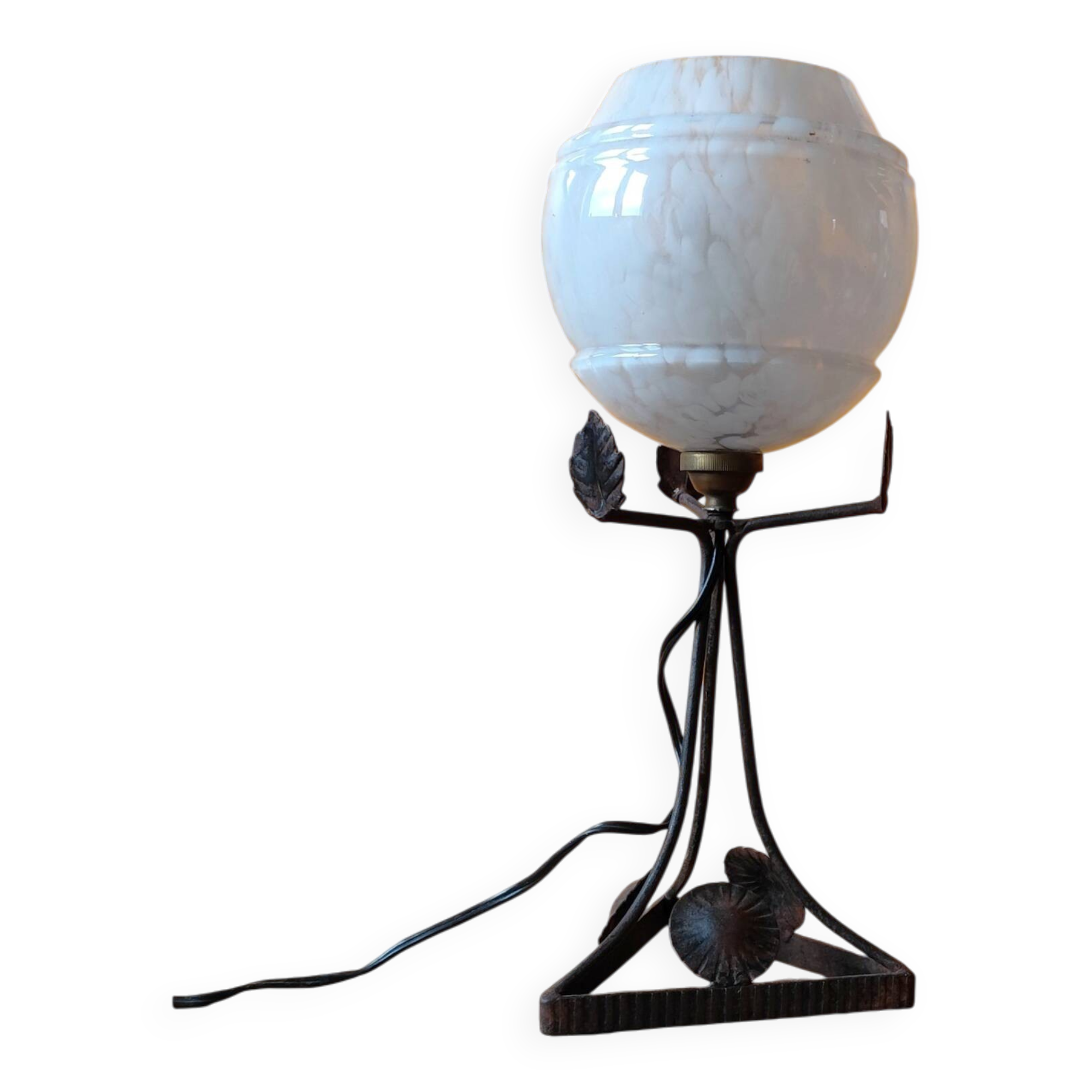 Art Deco lamp in metal and speckled blue opaline glass globe