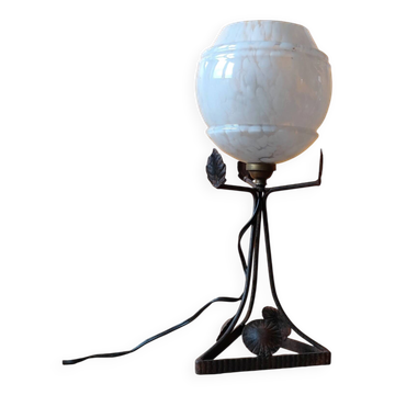 Art Deco lamp in metal and speckled blue opaline glass globe