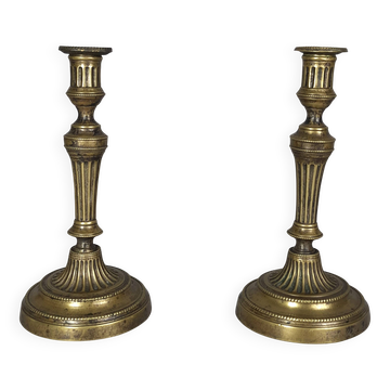 Pair of fluted bronze candlesticks Louis XVI period 27 cm