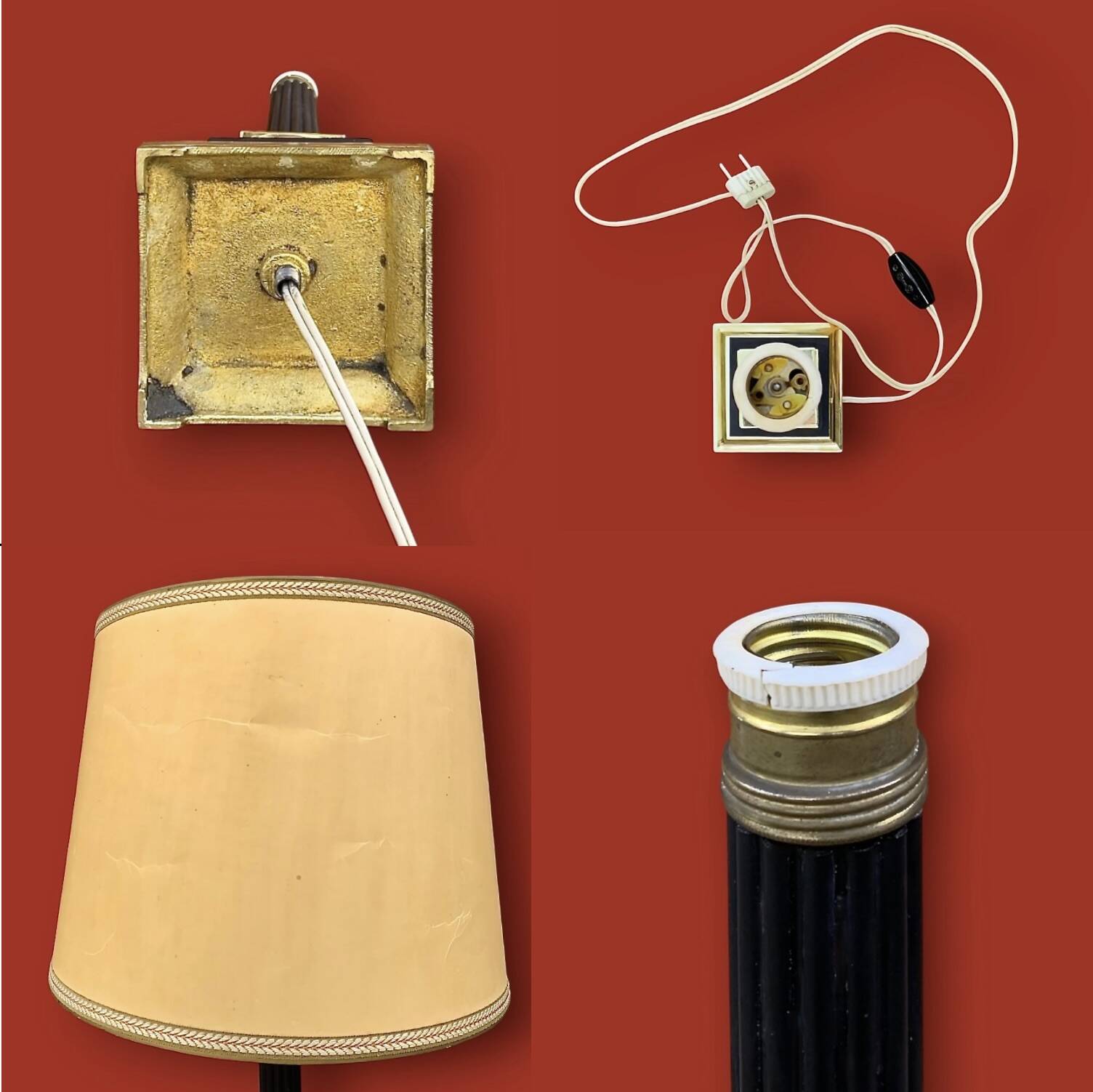 Ancienne lampe colonne néoclassique en laiton doré et noir et papier