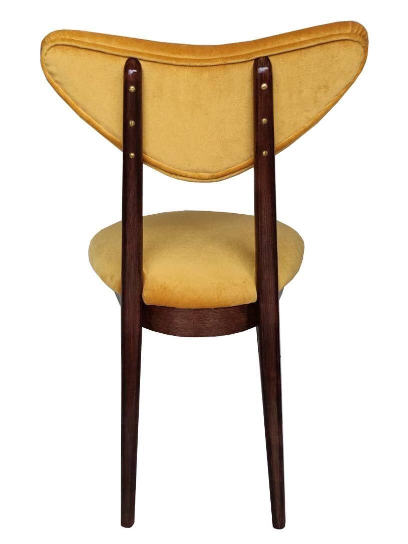 Yellow velvet heart-shaped chair, walnut wood, mid-century, Poland, 1960s.