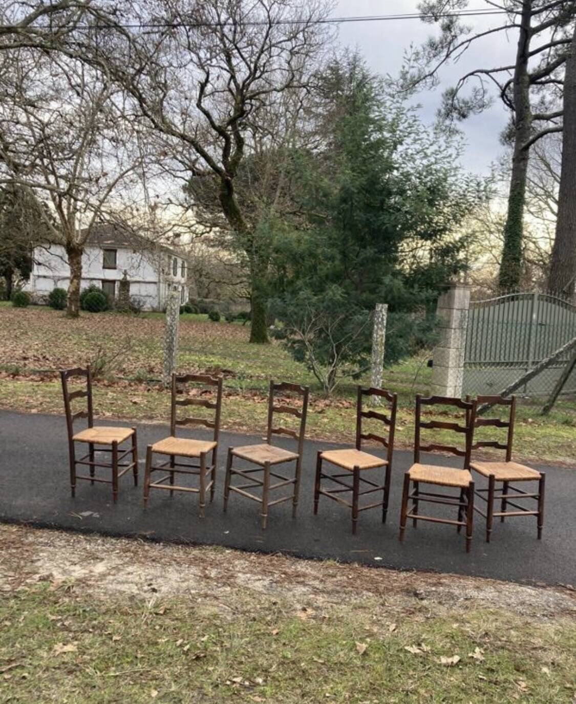 6 old wooden straw chairs