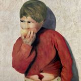 Portrait painting of a child with an apple signed Paoli vintage 1950