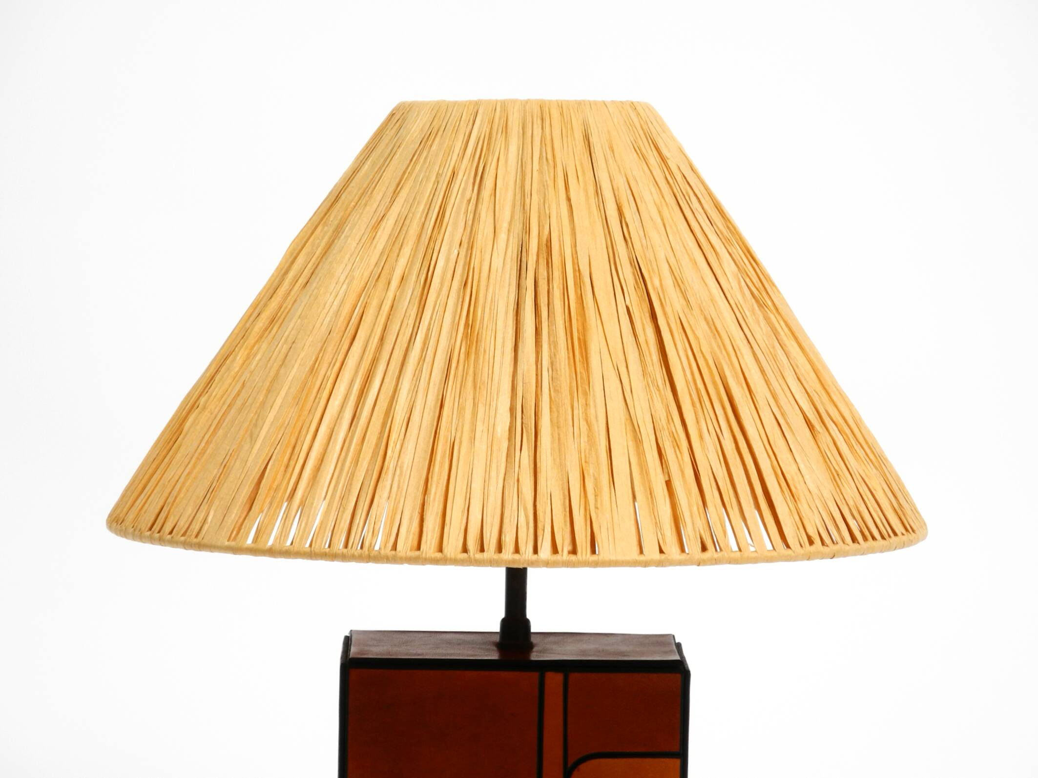Italian 60s table lamp made of wood and leather with paper straw lampshade