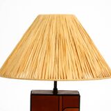 Italian 60s table lamp made of wood and leather with paper straw lampshade