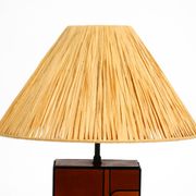 Italian 60s table lamp made of wood and leather with paper straw lampshade
