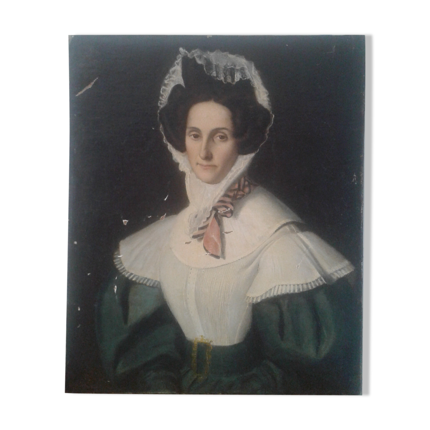 Old portrait painting oil on canvas "lady with lace cap" 19th