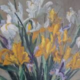 Oil painting on canvas bouquet of iris signed and side