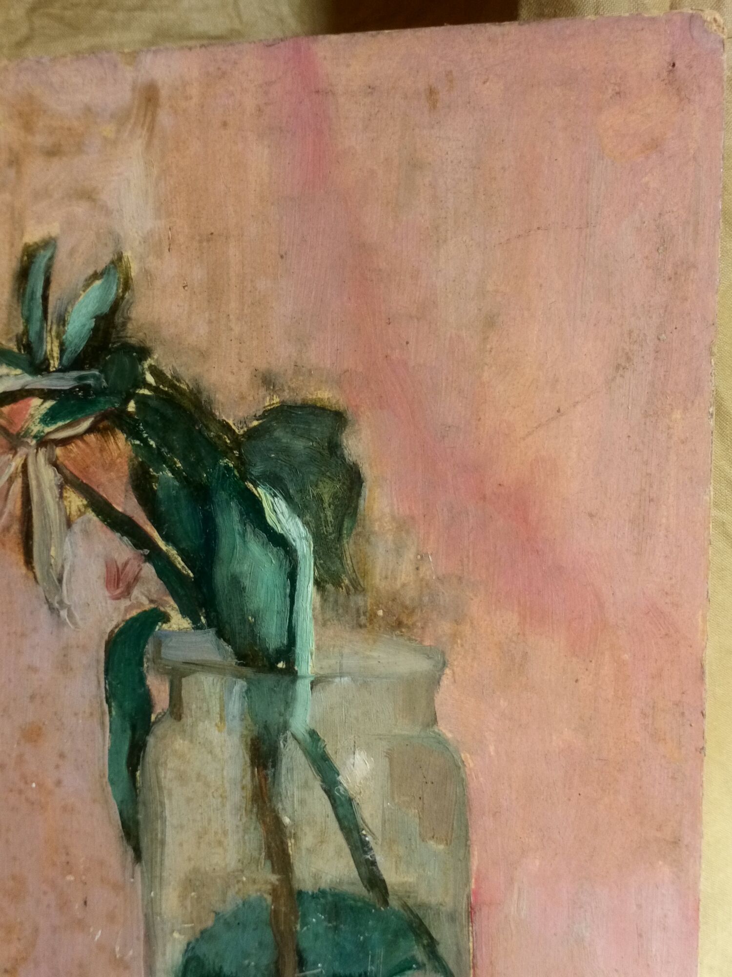 Oil painting on cardboard honeysuckle branch