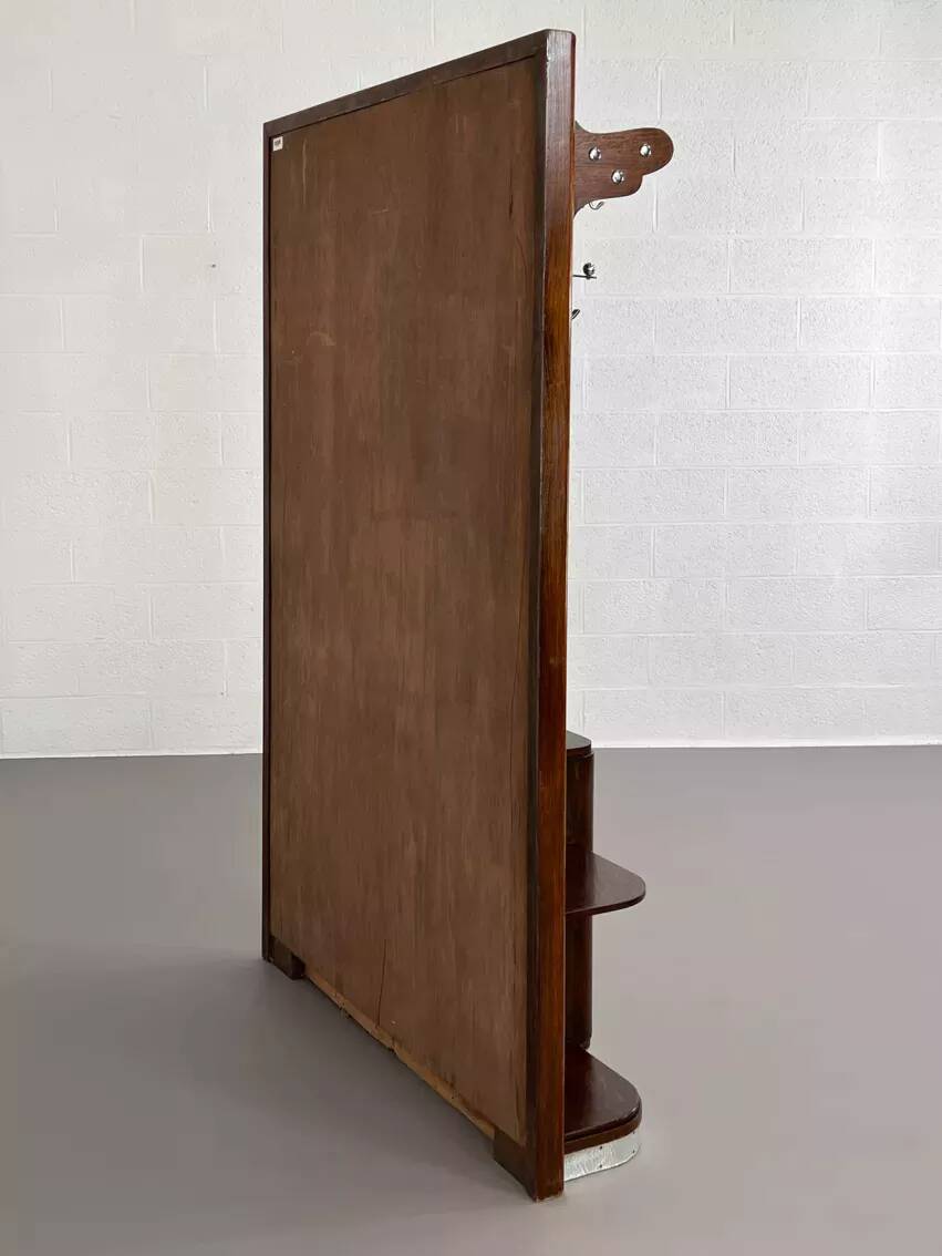 Art deco cloakroom coat rack in wood, mirror and chrome metal