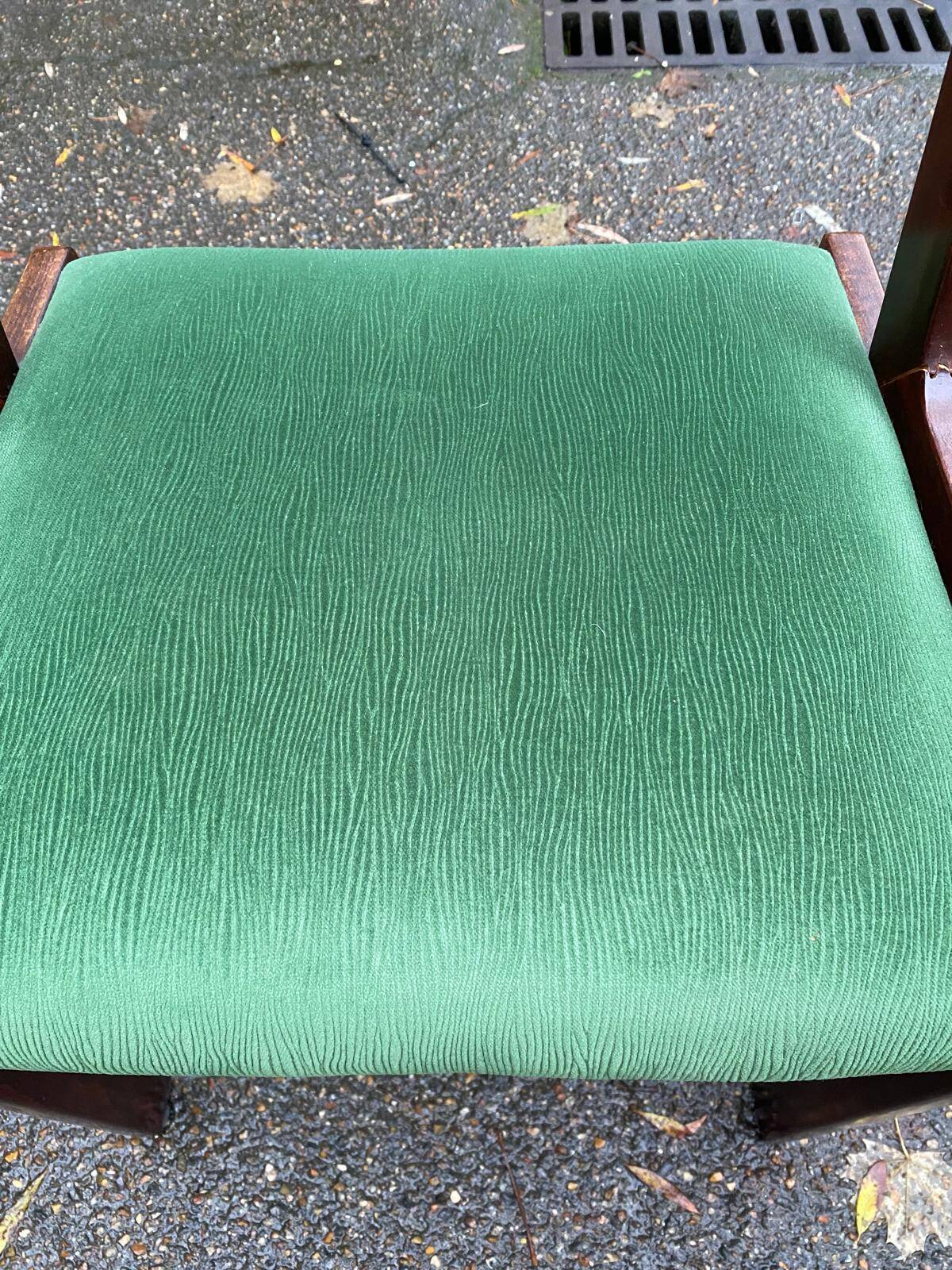 Scandinavian dining table and 4 Hans Olsen style chairs in teak and velvet.