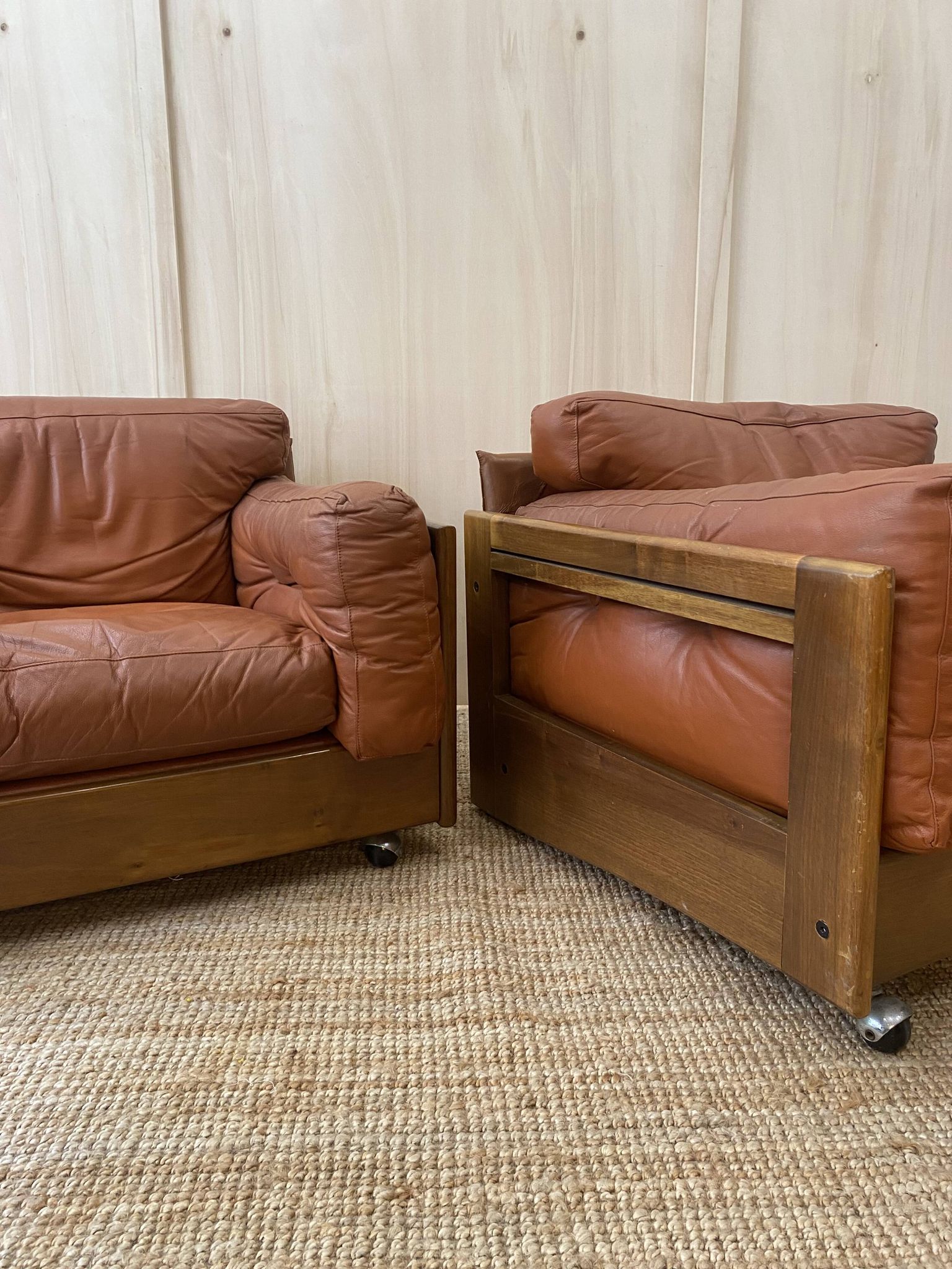Pair of Cognac Leather Club Armchairs & Wood - Italian Design - 1970s