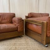 Pair of Cognac Leather Club Armchairs & Wood - Italian Design - 1970s
