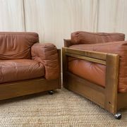 Pair of Cognac Leather Club Armchairs & Wood - Italian Design - 1970s