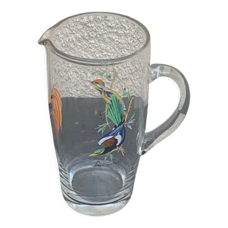 Carafe en verre aux oiseaux vintage, 1950/60