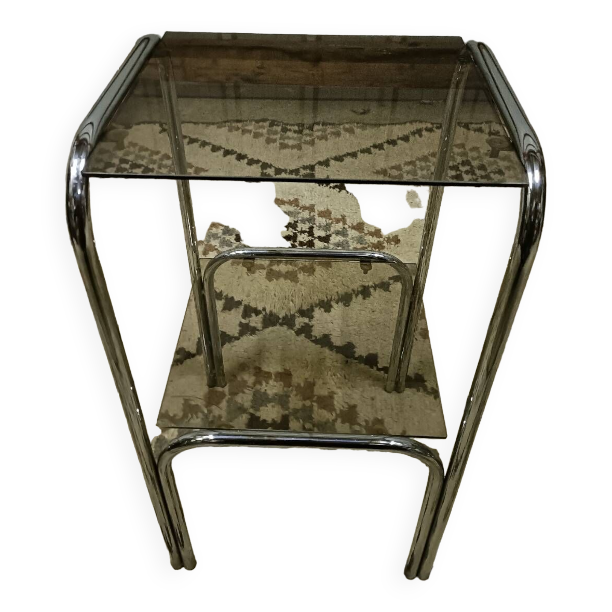 Vintage pedestal table, smoked glasses