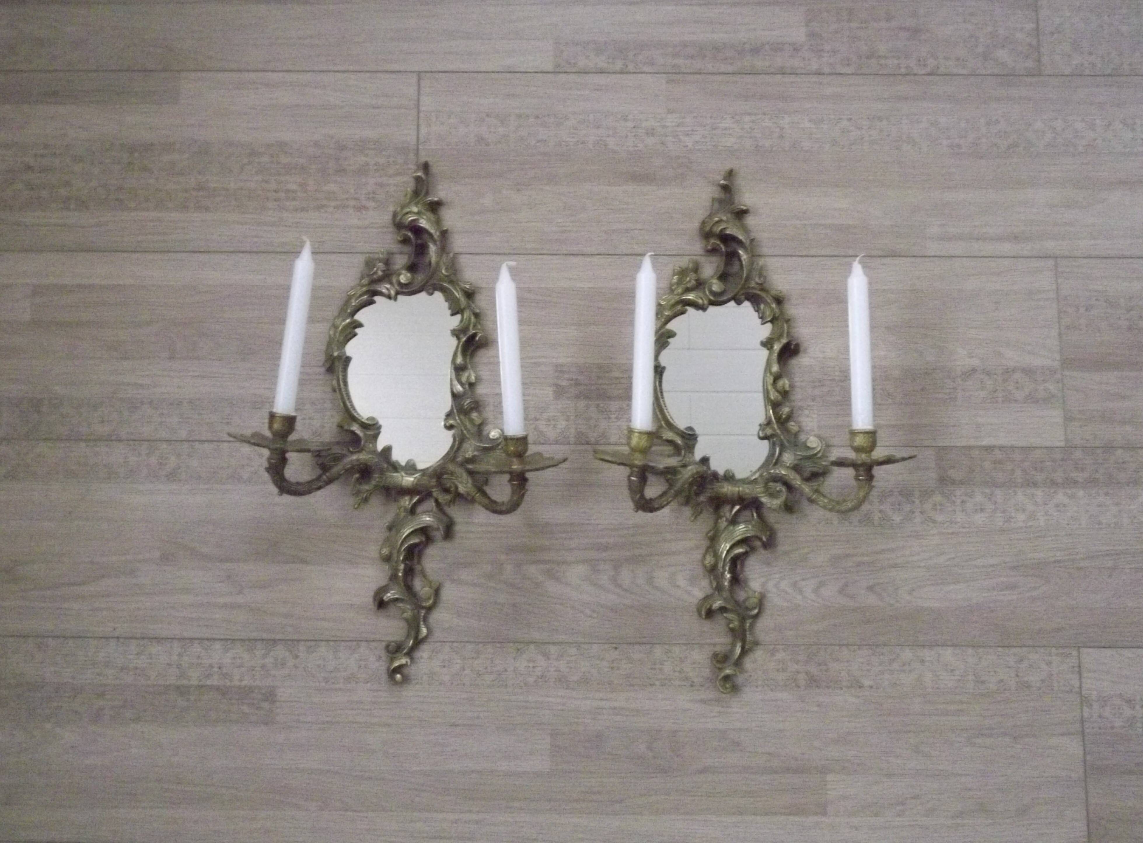 Large Pair of French Antique Bronze Mirror Double Candle Wall Sconces 5127