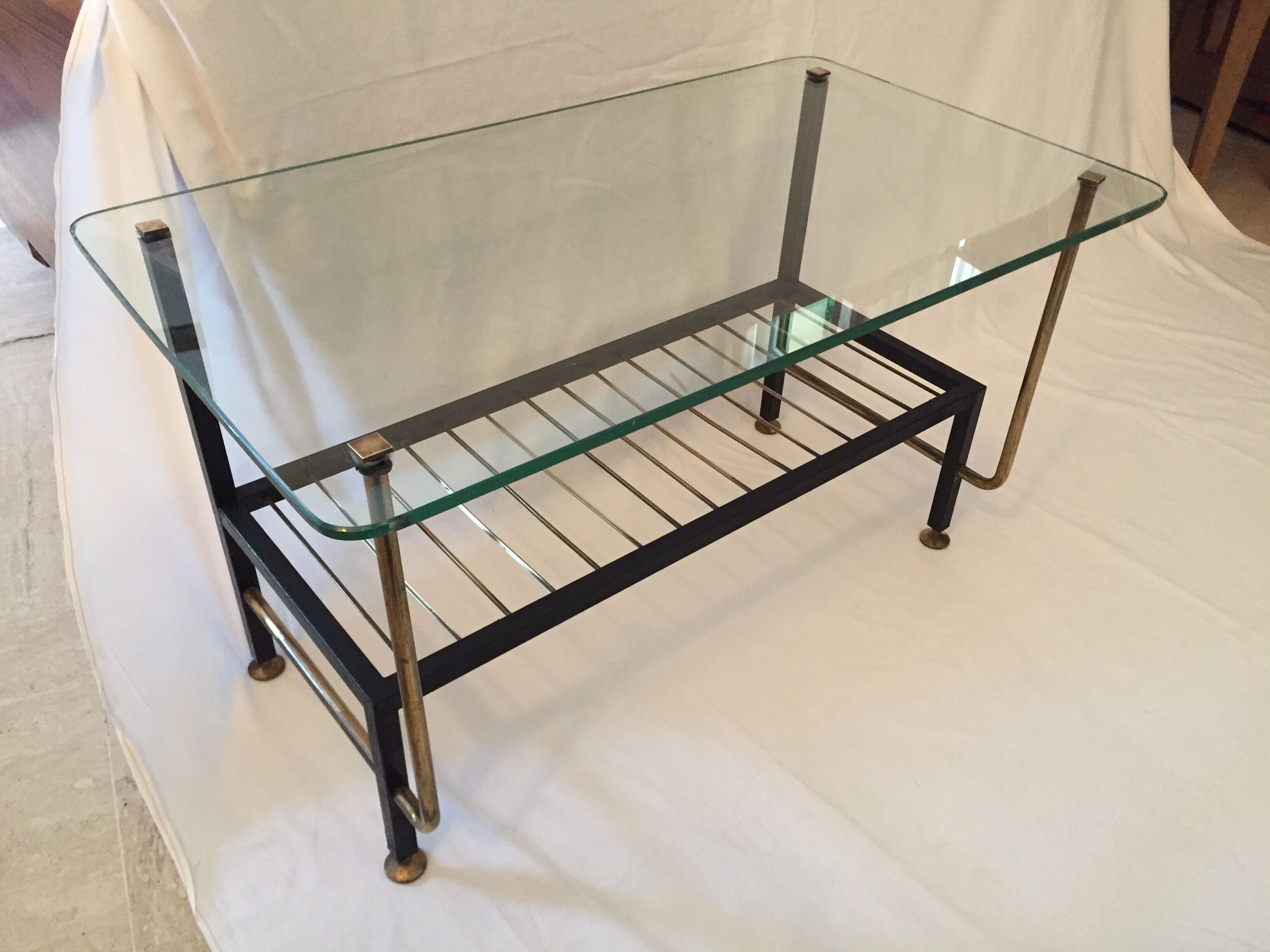 Coffee table in glass  black metal and brass vintage 1950